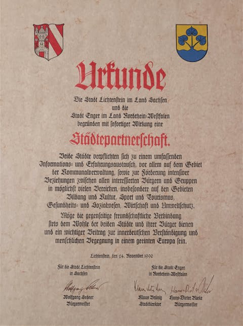 Städtepartnerschaftsurkunde Lichtenstein/Sa. - Stadt Enger