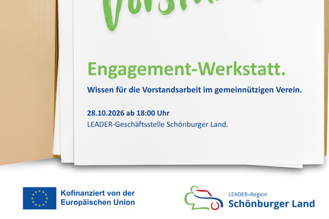 Flyer zur „Engagement-Werkstatt“ für Vorstände gemeinnütziger Vereine am 28.10.2026 in der LEADER-Geschäftsstelle Schönburger Land.