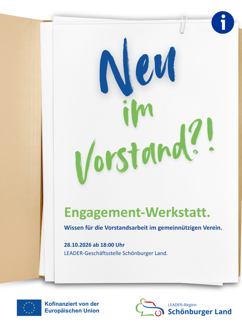 Flyer zur „Engagement-Werkstatt“ für Vorstände gemeinnütziger Vereine am 28.10.2026 in der LEADER-Geschäftsstelle Schönburger Land.