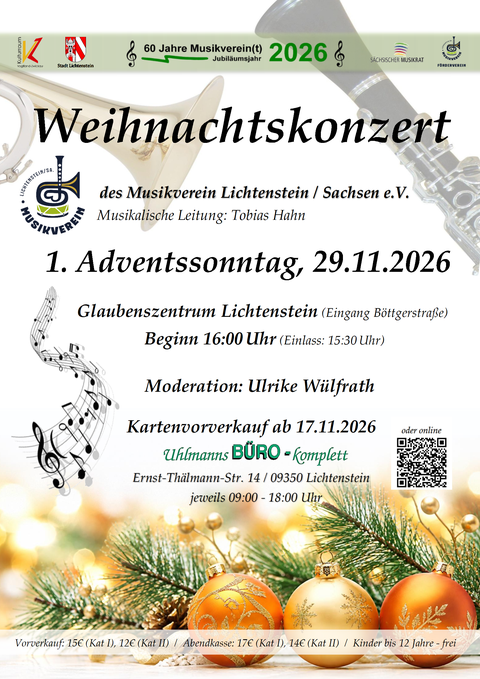 Plakat für das Weihnachtskonzert des Musikvereins Lichtenstein am 29. November 2026 mit weihnachtlichen Instrumenten- und Christbaumkugelmotiven.