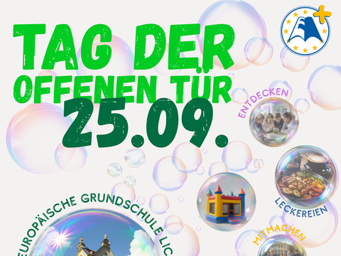 Veranstaltungsplakate mit Seifenblasen in denen Bilder zu sehen sind.