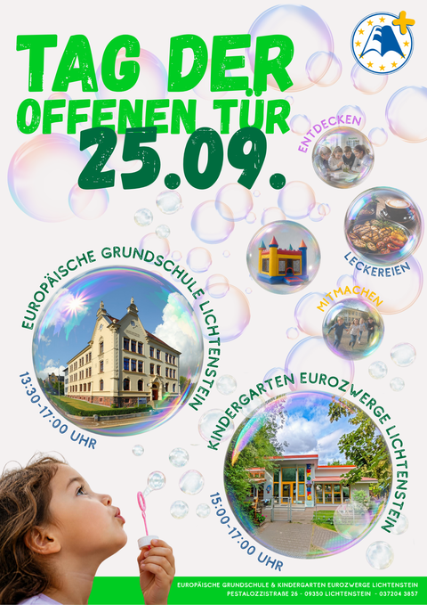 Veranstaltungsplakate mit Seifenblasen in denen Bilder zu sehen sind.