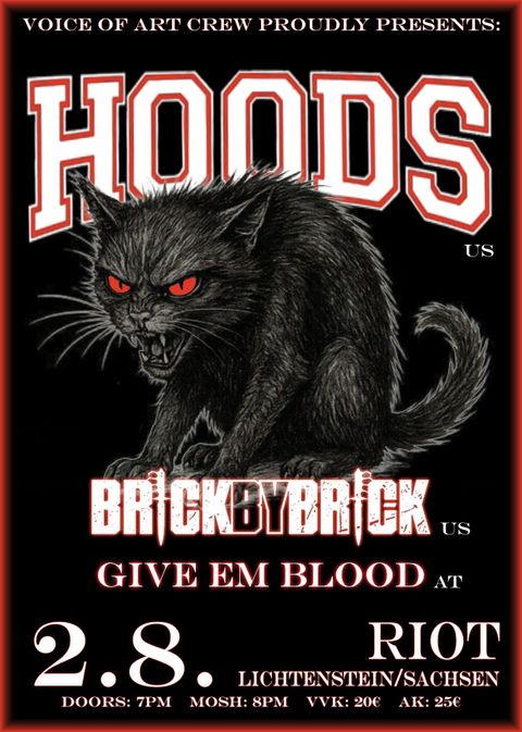 Veranstaltungsdaten, Bandnamen und eine fauchende schwarze Katze