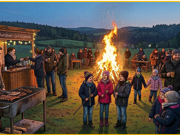 Brauchtumsfeuer und Menschenmenge im Comicstil - 
