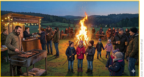 Brauchtumsfeuer und Menschenmenge im Comicstil - 