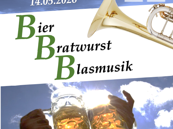 eine Trompete und zwei Hände mit Bierkrügen die anstoßen