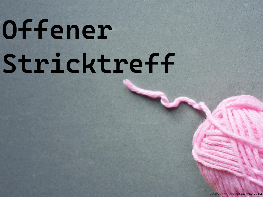 rosa Wollknäuel auf grauem Hintergrund mit Schriftzug "offener Stricktreff"