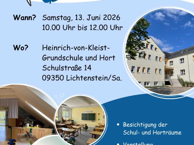 Plakat mit Bildauschnitten vom Lehrschwimmbeckern, der Mensa und den Unterrichtsräumen
