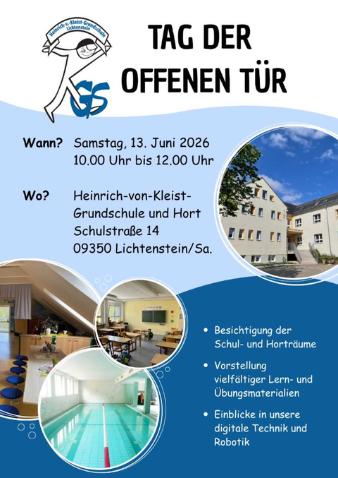 Plakat mit Bildauschnitten vom Lehrschwimmbeckern, der Mensa und den Unterrichtsräumen