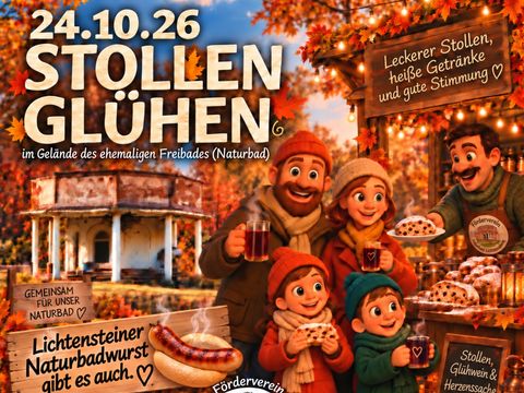 Ki generiert - Menschen an einem Verkaufsstand mit Glühwein und Stollen vor dem Naturbad - Pavillon