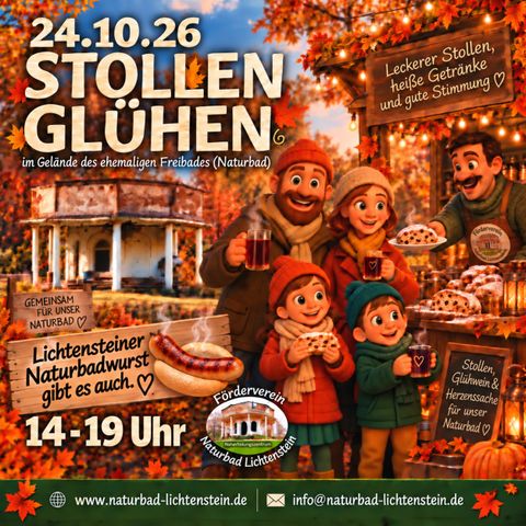 Ki generiert - Menschen an einem Verkaufsstand mit Glühwein und Stollen vor dem Naturbad - Pavillon