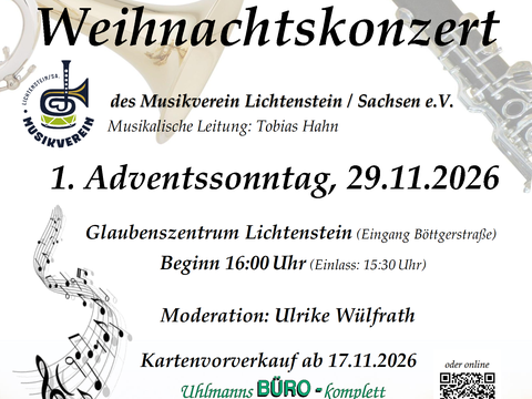 Plakat für das Weihnachtskonzert des Musikvereins Lichtenstein am 29. November 2026 mit weihnachtlichen Instrumenten- und Christbaumkugelmotiven