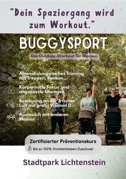 Flyer Buggysport mit Frauen und Kinderwägen im Park - mit KI erstellt