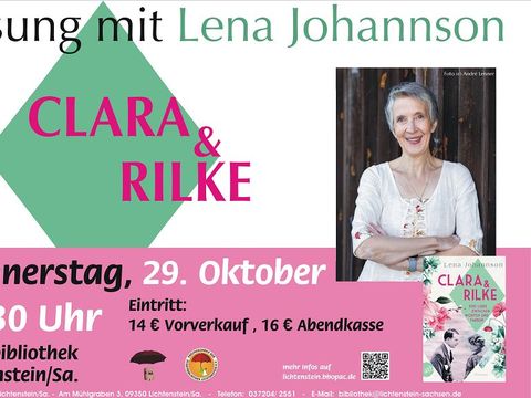 Veranstaltungsplakat mit Schriftstellerin, Buchcover und Informationen