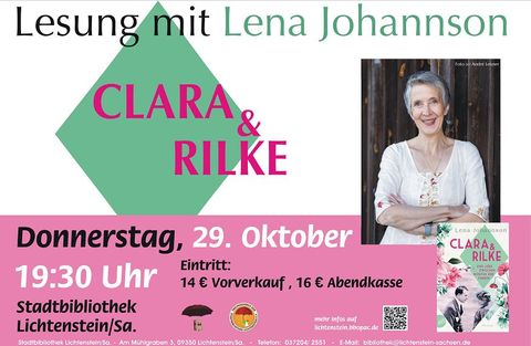 Veranstaltungsplakat mit Schriftstellerin, Buchcover und Informationen